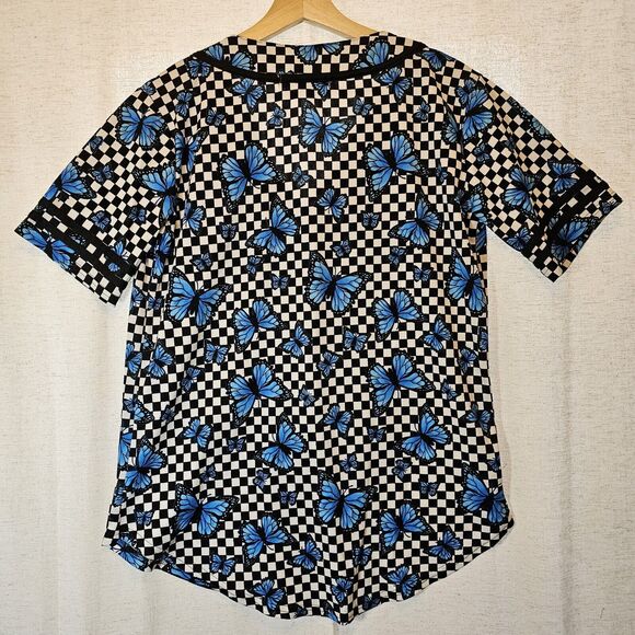 Cult Favorite Black White Check Blue Butterfly Anti-social Baseball Jersey Small - Picture 7 of 9